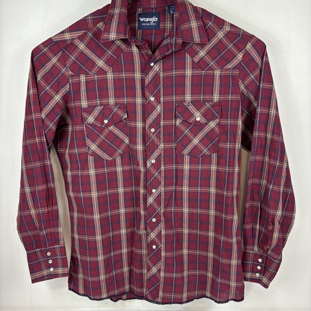 Wrangler Western Shirt Mens LT Burgundy Plaid Pearl Snap Long‎ Sleeve Excellent